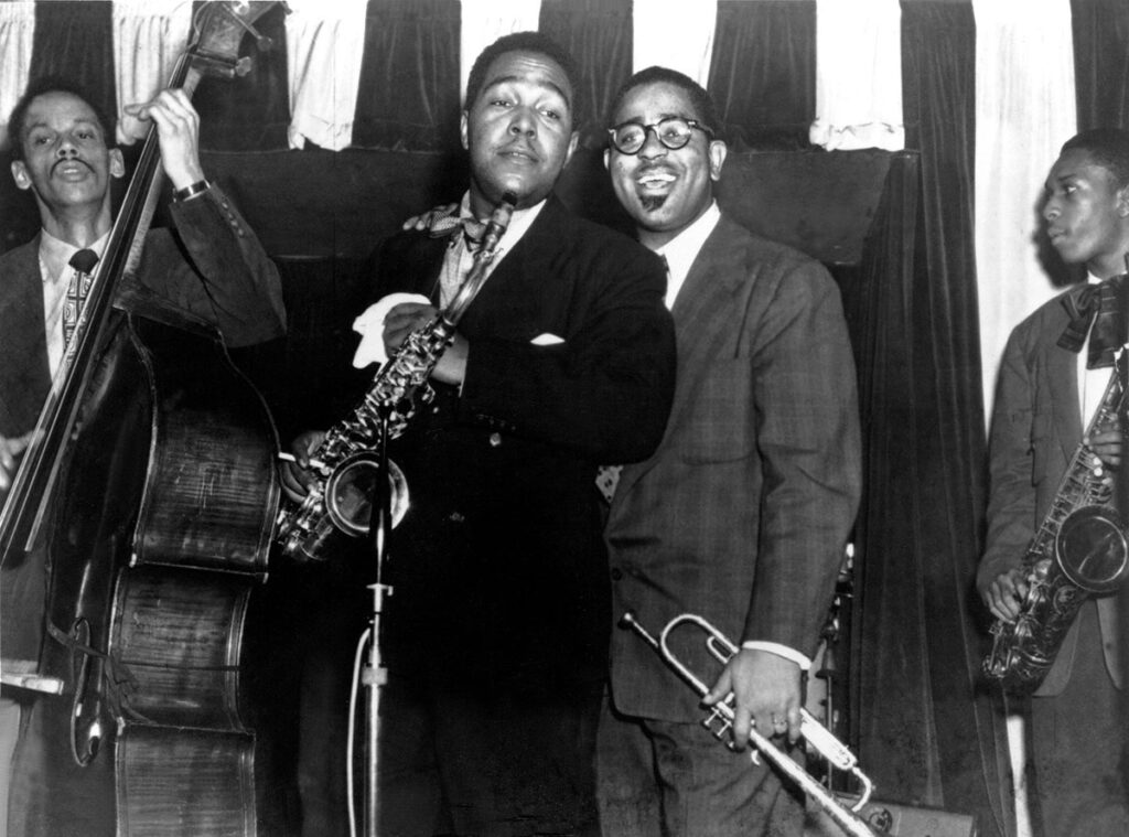 Tommy Potter, Charlie Parker, Dizzy Gillespie, & John Coltrane Performing at Birdland, New York, 1951 (© Bridgeman Images)